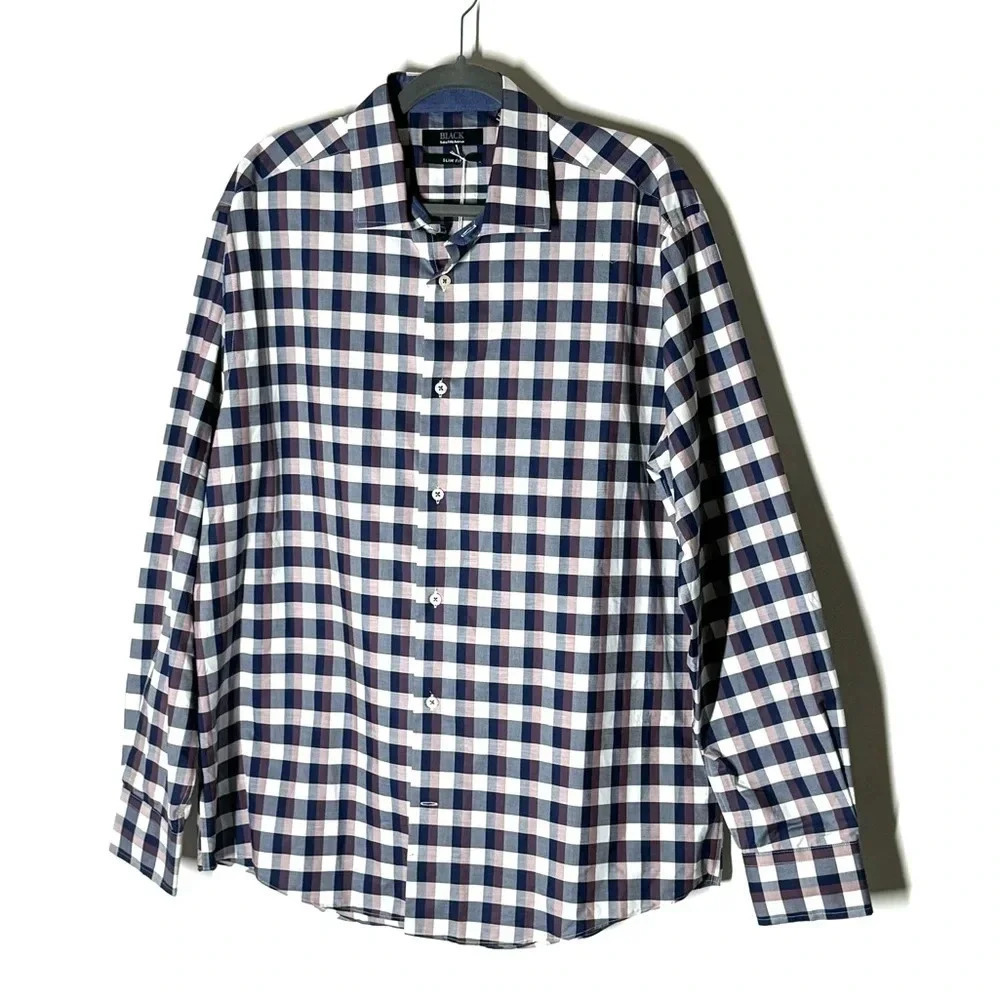 NEW Saks Fifth Avenue Black Label Slim Fit Button Up Plaid Shirt Size XL